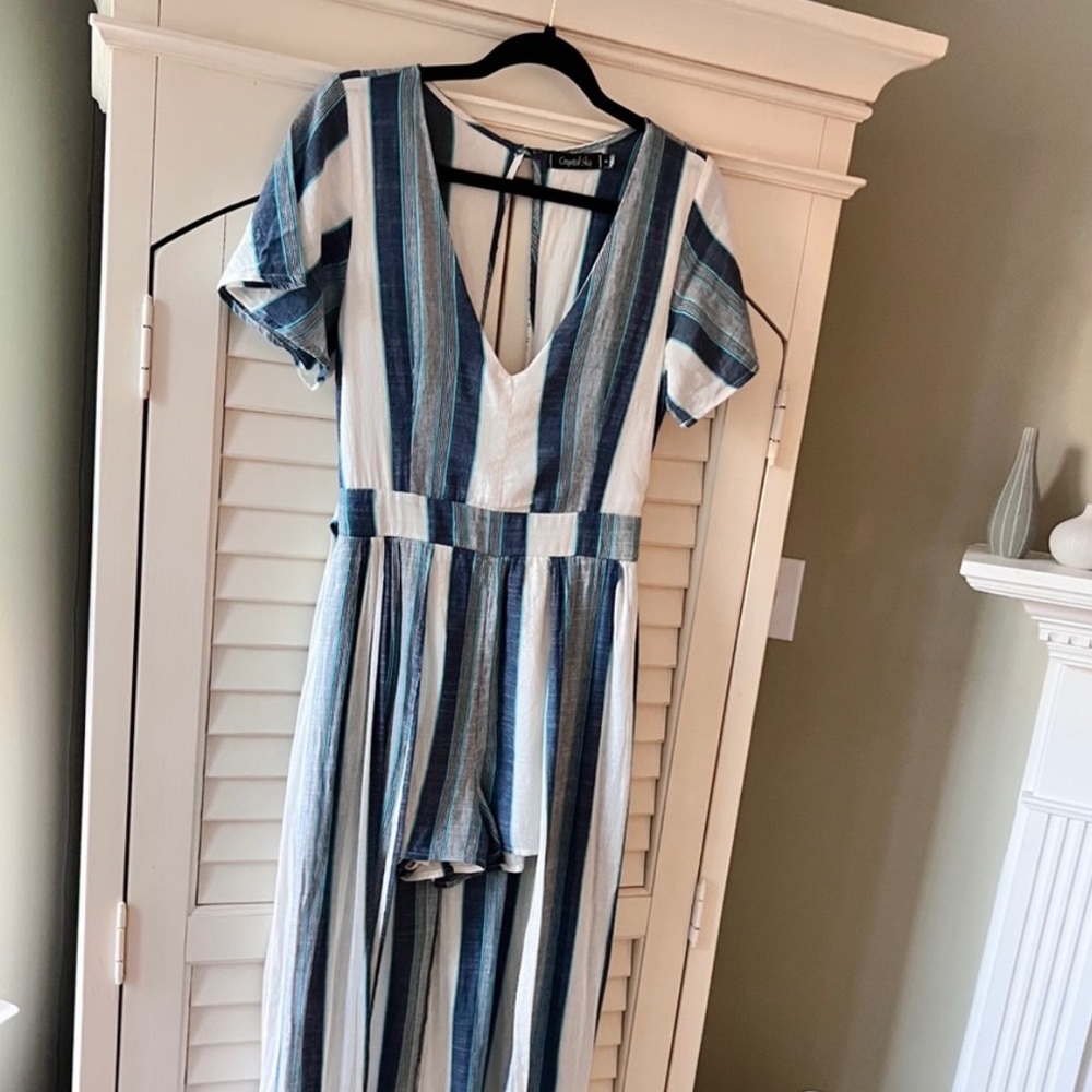 Crystal Sky Medium Blue & White Striped Romper - Picture 2 of 14